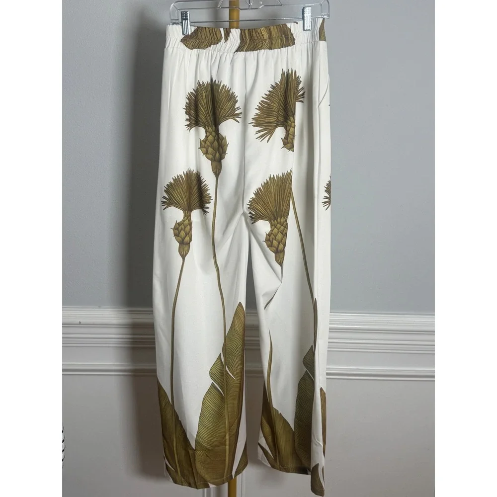 2-Piece Pant Set Women Size M White Green Botanical Thistle Tropical Loungewear